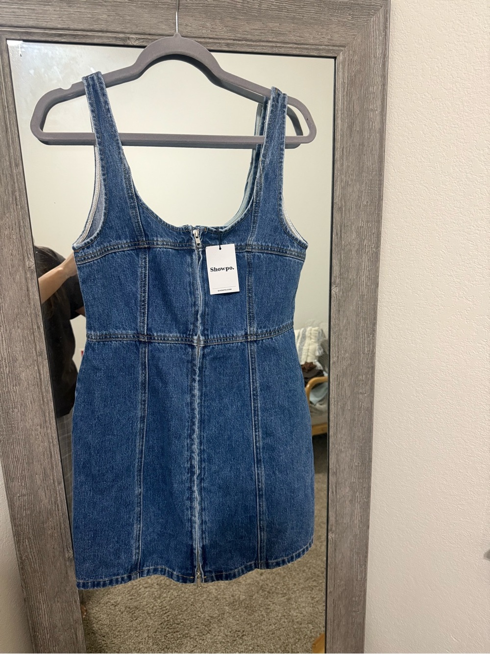 Showpo. Dark Blue Denim Zip-Front Pinafore Mini Dress